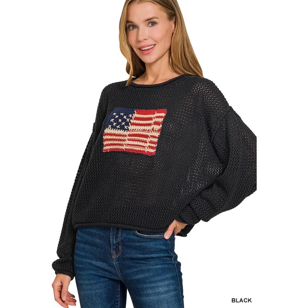 Zenana Women Black Open Knit American Flag Patch Sweater Large Patriotic Top